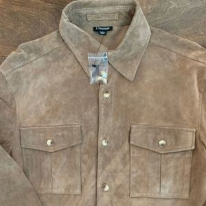 J Peterman Mens Long Sleeve  Suede Leather Shirt Jacket Small NWOT Tan Khaki